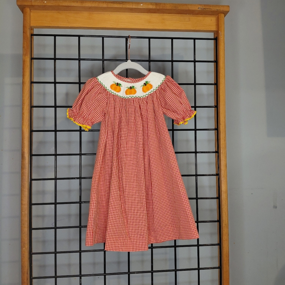 Red Gingham Kids Dress with Pumpkin Embroidery